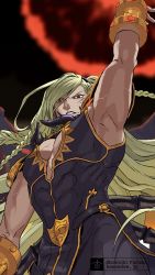 Rule 34 | 1boy, arm up, armpits, bare pectorals, beelzebub (granblue fantasy), black bodysuit, blonde hair, bodysuit, bracelet, covered abs, dark skin, dark-skinned male, fighting stance, furumi showichi, granblue fantasy, jewelry, lipstick, long hair, looking at viewer, makeup, pectoral cleavage, male focus, muscular, pectorals, red eyes, skin tight, solo, upper body, very long hair