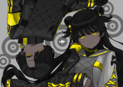 Rule 34 | :d, black bow, black hair, black jacket, bow, closed mouth, copyright request, dark-skinned female, dark skin, double bun, earrings, eyebrows hidden by hair, grey background, hair bun, half-closed eyes, highres, jacket, jewelry, long hair, long sleeves, looking at viewer, open clothes, open jacket, open mouth, parted bangs, puffy long sleeves, puffy sleeves, shirt, signature, sleeves past wrists, smile, uzura (bonnet225), very long hair, white shirt, yellow eyes