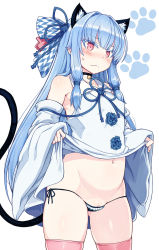 Rule 34 | 1girl, animal ears, bare shoulders, bell, black panties, blue eyes, blue hair, blunt bangs, blush, bow, cat ears, cat tail, cleft of venus, clothes lift, collar, colored eyelashes, cowboy shot, detached collar, detached sleeves, dress, dress lift, eyelashes, groin, hair bow, hair ribbon, highres, kotonoha aoi, long hair, lowleg, lowleg panties, navel, neck bell, null (nyanpyoun), panties, pink thighhighs, pussy, pussy peek, red eyes, ribbon, side-tie panties, simple background, sleeveless, sleeveless dress, solo, sweatdrop, tail, thighhighs, underwear, voiceroid, white background, wide sleeves