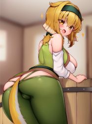 Rule 34 | 1girl, animal ears, ass, bare shoulders, blonde hair, blush, breasts, cameltoe, dog ears, dog tail, from behind, hair between eyes, hairband, highres, isekai meikyuu de harem wo, kaptivate, large breasts, long hair, looking at viewer, looking back, open mouth, orange eyes, pants, roxanne (isekai meikyuu de harem wo), shiny clothes, shiny skin, sideboob, smile, solo, tail, tight clothes, tight pants