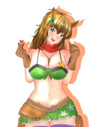 Rule 34 | 1girl, :d, absurdres, animal ears, bandana, bandeau, bare shoulders, belt, blue eyes, boots, breasts, brown belt, brown footwear, brown gloves, brown hair, cleavage, commentary, gloves, green skirt, groin, hair ornament, hands up, head tilt, heart, highres, horse ears, large breasts, long hair, looking at viewer, microskirt, midriff, navel, open mouth, panties, panty peek, purple thighhighs, seiza, simple background, sitting, skirt, skirt set, smile, solo, spaghetti strap, star (symbol), star hair ornament, star print, stomach, tabaruzaka46, taiki shuttle (umamusume), thighhighs, umamusume, underwear, white background, white panties