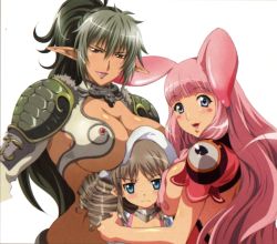 Rule 34 | 3girls, age difference, animal ears, blush stickers, breast envy, breast rest, breasts, breasts on head, brown hair, drill hair, echidna (queen&#039;s blade), elf, green hair, highres, large breasts, long hair, looking at viewer, melona (queen&#039;s blade), multiple girls, official art, onee-loli, pink hair, pointy ears, queen&#039;s blade, rabbit ears, red eyes, rin-sin, smile, snake, standing, ymir (queen&#039;s blade), yuri