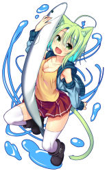 Rule 34 | 1girl, :d, animal ears, black footwear, boots, breasts, cat ears, cat girl, cat tail, cleavage, dodome-iro mayonnaise, fang, fish, full body, green eyes, green hair, hair between eyes, highres, hood, hoodie, looking at viewer, medium breasts, open mouth, original, red skirt, sardine, short hair, skirt, sleeveless, sleeveless hoodie, smile, solo, tail, tank top, thighhighs, white thighhighs