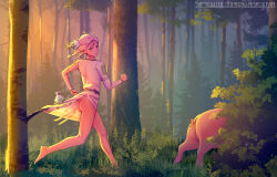 Rule 34 | 1girl, 2others, :o, absurdres, ass, bare legs, barefoot, belt, bottomless, braid, branch, chasing, colored skin, commentary, creature, dress, english commentary, fairy, forest, from behind, green skin, grey hair, highres, iskanderednaksi, long sleeves, looking at viewer, looking back, multiple others, nature, original, pig, running, russian text, short hair, side slit, sunlight, topknot, torn clothes, torn dress, twin braids, twintails, white hair