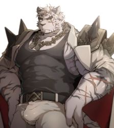 Rule 34 | 1boy, animal ears, arknights, bara, belt, black belt, black tank top, bulge, chain necklace, coat, coat on shoulders, covered abs, covered navel, cowboy shot, dog tags, frown, furry, furry male, hands on own hips, large pectorals, male focus, mikky, mountain (arknights), muscular, muscular male, necklace, pants, pectorals, scar, scar across eye, scar on face, short hair, shoulder spikes, sidepec, solo, spikes, tank top, thick eyebrows, thick thighs, thighs, tiger boy, tiger ears, white fur, white hair, white pants