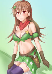 Rule 34 | 1girl, alternate costume, anti (untea9), armband, black thighhighs, breasts, brown eyes, brown gloves, brown hair, cleavage, closed mouth, cosplay, gloves, gradient background, green armband, green background, green skirt, gun, hair ornament, handgun, highres, holster, holstered, kantai collection, large breasts, long hair, looking at viewer, midriff, miniskirt, navel, ooi (kancolle), red scarf, revolver, scarf, sheriff badge, sitting, skirt, solo, star (symbol), star hair ornament, sweatdrop, taiki shuttle (umamusume), taiki shuttle (umamusume) (cosplay), thighhighs, umamusume, weapon