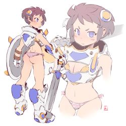 Rule 34 | 1girl, andrewcockroach, ass, blue eyes, blush stickers, boots, breasts, brown hair, cleavage, closed mouth, gluteal fold, headgear, holding, holding shield, holding sword, holding weapon, looking at viewer, medium breasts, multiple views, one eye closed, original, panties, pink panties, shield, short hair, signature, standing, striped clothes, striped panties, sword, underwear, weapon, white background