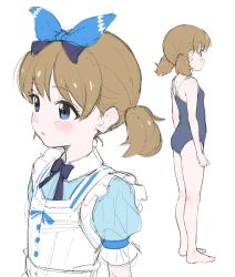 Rule 34 | 1girl, arms at sides, bare arms, bare legs, bare shoulders, barefoot, blue dress, blue eyes, blue one-piece swimsuit, blue ribbon, blush, brown hair, collared dress, dress, female focus, full body, hair ribbon, highres, idolmaster, idolmaster million live!, kneepits, looking away, multiple views, one-piece swimsuit, parted lips, puffy short sleeves, puffy sleeves, ribbon, school swimsuit, short sleeves, short twintails, simple background, sincos, suou momoko, swimsuit, twintails, white background