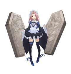 Rule 34 | 1girl, absurdres, angel, black thighhighs, blue capelet, blue footwear, blue ribbon, capelet, coffin, crack, death (entity), eyes visible through hair, floating, floating object, frilled hairband, frills, hairband, highres, long hair, long sleeves, ne.corn, neck ribbon, original, parted lips, pink hair, red eyes, ribbon, scythe, simple background, skeleton, solo, stone, thighhighs, white background, wide sleeves