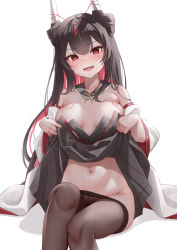 Rule 34 | 1girl, absurdres, azur lane, black hair, black pantyhose, black skirt, blush, breasts, classic (zildjian33), clothes lift, fangs, hatsuzuki (azur lane), highres, lifting own clothes, looking at viewer, navel, open mouth, pantyhose, red eyes, simple background, sitting, skirt, skirt lift, solo, teeth, upper teeth only, white background