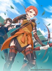 Rule 34 | 1girl, 40hara, arrow (projectile), blue sky, bow (weapon), brown hair, cloud, company name, copyright name, day, female focus, fingerless gloves, fire emblem, fire emblem: three houses, fire emblem cipher, gloves, highres, holding, holding bow (weapon), holding weapon, leaf, leonie pinelli, matching hair/eyes, nintendo, official art, open mouth, orange eyes, orange hair, outdoors, quiver, short hair, sky, solo focus, weapon