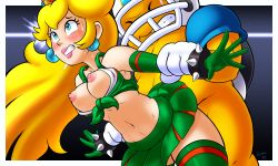 Rule 34 | 1boy, 1girl, blonde hair, blush, breasts, breasts out, chargin&#039; chuck, earrings, helmet, highres, jewelry, large breasts, long hair, mario (series), navel, nintendo, nipples, princess peach, sex, sex from behind, sexually suggestive, shaxbert, skirt, super mario bros. 1, super mario world, sweat, tagme