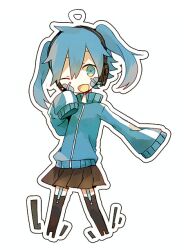 Rule 34 | aaniko, black skirt, black thighhighs, blue eyes, blue hair, blue jacket, brown skirt, chibi, collared jacket, cropped legs, ene (kagerou project), facial mark, hair between eyes, headphones, jacket, kagerou project, looking at viewer, mekakucity actors, miniskirt, one eye closed, open mouth, popped collar, simple background, skirt, sleeves past fingers, sleeves past wrists, solo, thighhighs, track jacket, twintails, very long sleeves, white background, yellow eyes, zipper