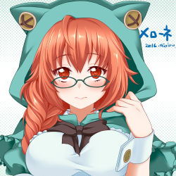 Rule 34 | 1girl, 2016, ahoge, animal ears, animal hood, artist name, bad id, bad pixiv id, blush, bow, braid, breasts, buttons, cat ears, cat hood, character name, closed mouth, dated, embarrassed, fake animal ears, frills, glasses, green-framed eyewear, hair over shoulder, halftone, halftone background, hood, large breasts, long hair, looking at viewer, lowres, melone (sennen sensou aigis), miniru, neck ribbon, orange hair, polka dot, polka dot background, red eyes, ribbon, sennen sensou aigis, signature, single braid, solo, taut clothes, upper body, wavy mouth, wrist cuffs