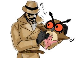Rule 34 | 1boy, bad id, bad pixiv id, brown hat, creatures (company), crossover, dc comics, fedora, game freak, gen 2 pokemon, gloves, hat, hoothoot, inkblot, jacket, male focus, mask, nintendo, pokemon, pokemon (creature), rorschach, simple background, standing, translated, uso (stsksyc), watchmen, white background