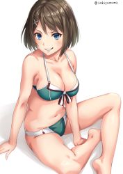 Rule 34 | 10s, 1girl, :d, adapted costume, arm at side, arm support, artist name, bare arms, bare legs, bare shoulders, barefoot, between legs, bikini, blue eyes, blush, breasts, brown hair, cleavage, collarbone, from above, front-tie top, green bikini, grin, hair ornament, hand between legs, kantai collection, looking at viewer, looking up, maya (kancolle), maya kai ni (kancolle), medium breasts, navel, open mouth, sakiyamama, shiny skin, short hair, simple background, sitting, smile, solo, spread legs, stomach, strap gap, swimsuit, teeth, white background, x hair ornament
