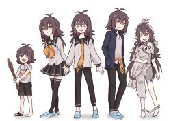 Rule 34 | 1girl, 4boys, artist self-insert, clothing cutout, himuhino, jacket, long hair, messy hair, multiple boys, multiple persona, necktie, aged up, original, pale skin, sandals, shoes, shorts, single shoe, aged down, zombie