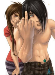 Rule 34 | 1boy, 1girl, hair over one eye, lowres, middle finger, topless
