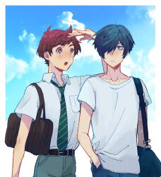 Rule 34 | 2boys, bag, blue eyes, blue hair, blue sky, border, brown eyes, brown hair, cloud, collarbone, commentary request, dark blue hair, diagonal-striped clothes, diagonal-striped necktie, freckles, hair over one eye, hand in pocket, height conscious, kuji toi, looking at another, male focus, merimo, multiple boys, necktie, open mouth, sarazanmai, school uniform, shirt, short hair, shoulder bag, sky, striped clothes, surprised, t-shirt, upper body, white border, white shirt, yasaka kazuki