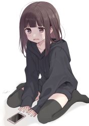 Rule 34 | 1girl, absurdres, black hoodie, blush, brown eyes, brown hair, cellphone, collarbone, commentary request, crying, crying with eyes open, frown, full body, highres, hood, hood down, hoodie, long hair, long sleeves, nanase kurumi (menhera-chan), original, phone, pomu (joynet), signature, sitting, sleeves past wrists, smartphone, solo, tears, wariza, wavy mouth, white background