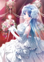 Rule 34 | 1girl, :d, absurdres, backless dress, backless outfit, blue eyes, blue hair, blush, bouquet, bridal veil, collarbone, dress, elbow gloves, flower, from side, gloves, highres, holding, holding bouquet, indoors, jewelry, long hair, narumi suzune, necklace, open mouth, original, pink flower, red flower, ribbon, see-through, shiny skin, sleeveless, sleeveless dress, smile, solo, standing, veil, wedding dress, white dress, white flower, white gloves, white ribbon, yellow flower