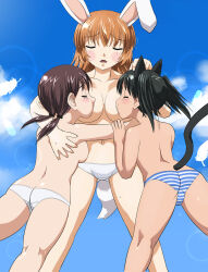 Rule 34 | 3girls, animal ears, ass, blush, breast sucking, breasts, brown hair, butt crack, cat ears, cat tail, charlotte e. yeager, closed eyes, double breast sucking, francesca lucchini, gertrud barkhorn, green hair, hand on another&#039;s head, highres, hosoinogarou, hug, large breasts, long hair, multiple girls, no bra, orange hair, panties, rabbit ears, strike witches, striped clothes, striped panties, tail, topless, twintails, underwear, white panties, world witches series, yuri