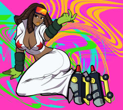 Rule 34 | 1girl, ass, bell-bottoms, breasts, brown hair, cleavage, curvy, dark-skinned female, dark skin, gloves, goggles, goggles on head, highres, jet set radio, large breasts, midriff, open clothes, pants, piranha (jsr), roller skates, rudiequeen, sega, skates, thick lips, thick thighs, thighs