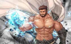 Rule 34 | 1boy, aura, bara, beard, biceps, brown hair, cape, censored, character request, check character, commission, covered abs, cowboy shot, dungeon and fighter, energy fist, facial hair, floating cape, highres, kulolin, large pectorals, male focus, male priest (dungeon and fighter), mature male, multicolored hair, muscular, muscular male, mustache, no nipples, pants, pectorals, saint (dungeon and fighter), second-party source, shirt, short hair, shoulder tattoo, sidepec, solo, streaked hair, tattoo, tight clothes, tight shirt, topless male, veins, veiny arms, video thumbnail, white cape, white pants