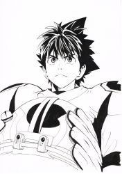 Rule 34 | 1boy, absurdres, american football helmet, american football uniform, closed mouth, eyeshield 21, foreshortening, gloves, greyscale, hair between eyes, helmet, highres, holding, holding helmet, kobayakawa sena, male focus, monochrome, murata yuusuke, official art, scan, serious, shirt, shoulder pads, simple background, solo, spiked hair, sportswear, traditional media, upper body, white background
