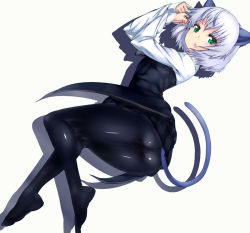 Rule 34 | 1girl, :o, animal ears, ass, cat ears, cat tail, green eyes, lying, on side, panties, panties under pantyhose, pantyhose, pantyshot, sanya v. litvyak, short hair, silver hair, skirt, solo, strike witches, tail, underwear, upskirt, world witches series, zizi (zz22)
