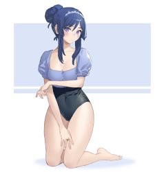 Rule 34 | 1girl, alternate hairstyle, assault lily, bare legs, barefoot, black one-piece swimsuit, blue background, blue hair, blue one-piece swimsuit, breasts, casual one-piece swimsuit, cleavage, closed mouth, collarbone, commentary, covered navel, frilled hairband, frills, full body, hair between eyes, hair bun, hairband, hand on own thigh, hand up, highres, itou shizu (assault lily), jewelry, kneeling, light blush, long hair, looking at viewer, medium breasts, one-piece swimsuit, puffy short sleeves, puffy sleeves, purple eyes, ring, short sleeves, sidelocks, single hair bun, solo, swimsuit, tori udon, two-tone background, two-tone swimsuit, white background, white hairband