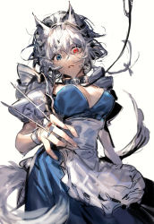 Rule 34 | 1girl, absurdres, animal ears, apron, between fingers, blue eyes, breasts, collar, cowboy shot, from below, heterochromia, highres, holding, holding knife, izayoi sakuya, knife, knives between fingers, large breasts, leash, maid, maid apron, maid headdress, puffy short sleeves, puffy sleeves, red eyes, short sleeves, simple background, solo, tail, tian (my dear), touhou, white background, white hair
