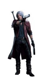 Rule 34 | 1boy, absurdres, aiming, aiming at viewer, beard, boots, capcom, dante (devil may cry), devil may cry (series), devil may cry 5, facial hair, fingerless gloves, gloves, gun, handgun, highres, jacket, looking at viewer, male focus, official art, open collar, realistic, red jacket, short hair, silver hair, simple background, solo, stubble, sword, weapon, weapon on back