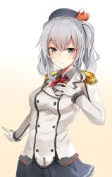 Rule 34 | 10s, 1girl, beret, blue eyes, blush, breasts, epaulettes, gloves, hand on own chest, hat, jenson tw, kantai collection, kashima (kancolle), long hair, looking at viewer, medium breasts, military, military uniform, pleated skirt, silver hair, skirt, smile, solo, twintails, uniform, wavy hair, white gloves