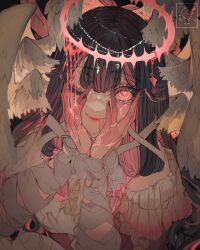 Rule 34 | 1girl, bandages, black hair, blood, blood from mouth, columbina (genshin impact), crack, cracked skin, feathered wings, genshin impact, glowing, glowing eye, halo, head wings, highres, ichigoh, looking at viewer, nail polish, one eye closed, pink hair, smile, solo, wings