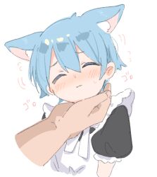 Rule 34 | 2boys, animal ear fluff, animal ears, apron, blue hair, blush, cat boy, cat ears, closed eyes, disembodied hand, head tilt, maid apron, male focus, misskey.io, multiple boys, murakami-san (misskey.io), paragasu (parags112), puffy short sleeves, puffy sleeves, short hair, short sleeves, simple background, smile, solo focus, stroking another&#039;s chin, trap, upper body, white apron, white background, yaoi
