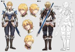 Rule 34 | 1boy, armor, armored boots, belt, belt pouch, blonde hair, blue eyes, boots, breastplate, character sheet, commentary, ex albio, expressions, from behind, full body, gauntlets, gloves, grey background, k-suwabe, knight, male focus, multiple views, nijisanji, pants, pouch, shoulder armor, simple background, sketch, smile, standing, sword, two-handed sword, vambraces, virtual youtuber, weapon