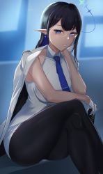 Rule 34 | 1girl, black hair, black pantyhose, blue archive, blue eyes, blue necktie, blush, closed mouth, coat, coat on shoulders, crossed legs, earrings, glasses, gloves, halo, highres, jewelry, long hair, looking at viewer, necktie, pantyhose, pointy ears, rin (blue archive), shirt, sitting, smile, solo, thighs, tyamurai33, white gloves, white shirt