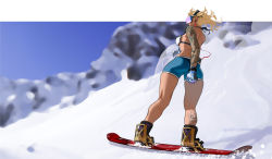 Rule 34 | 1girl, blonde hair, breasts, full body, gloves, outdoors, sadpandaface (artist), shorts, snow, snowboard, solo, tattoo, winter