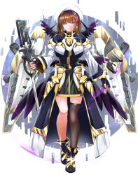 Rule 34 | armor, armored dress, beret, black footwear, black thighhighs, black wings, blue eyes, boots, brown hair, dress, fingerless gloves, fortress (nanoha), gloves, gold trim, hair ornament, hat, highres, holding, holding staff, juliet sleeves, long sleeves, lyrical nanoha, multicolored clothes, multicolored dress, puffy sleeves, short dress, short hair, single thighhigh, sougetsu izuki, staff, thighhighs, tome of the night sky, white hat, wide sleeves, wings, x hair ornament, yagami hayate