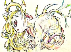 Rule 34 | 1girl, blonde hair, colored pencil (medium), crown, double (skullgirls), extra eyes, highres, looking at viewer, monster girl, open mouth, parted lips, red eyes, skullgirls, sn3bell3suzu3, solo, traditional media, veins, white background