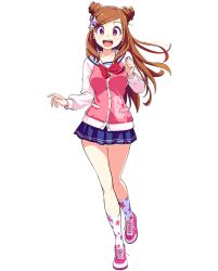 Rule 34 | 1girl, asobe iroha, blue skirt, brown hair, double bun, full body, hair bun, hair ornament, jacket, long hair, long sleeves, looking at viewer, magicami, miniskirt, non-web source, number print, official art, open mouth, photoshop (medium), pink footwear, pink jacket, pleated skirt, raglan sleeves, red eyes, shoes, simple background, skirt, sneakers, solo, star (symbol), star hair ornament, star print, swept bangs, teeth, text print, upper teeth only, white background