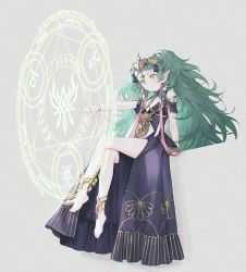Rule 34 | 1girl, 21 (nijuichinichi), anklet, arm support, bare shoulders, barefoot, blunt bangs, braid, commentary, crossed legs, detached collar, dress, feet, fire emblem, fire emblem: three houses, flat chest, forehead jewel, full body, green eyes, green hair, grey background, hair ornament, hair ribbon, heart, jewelry, long hair, looking away, magic circle, nintendo, off-shoulder dress, off shoulder, outstretched arm, plantar flexion, pointy ears, purple dress, red ribbon, ribbon, ribbon braid, side braid, sidelocks, simple background, sitting, smile, solo, sothis (fire emblem), symbol-only commentary, tassel, tassel hair ornament, tiara, twin braids, two side up, very long hair, white ribbon, wrist ribbon