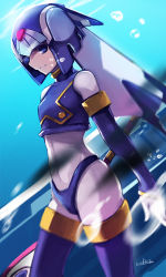 Rule 34 | 1girl, artist name, bad id, bad pixiv id, blue eyes, blurry, bubble, capcom, depth of field, elbow pads, fairy leviathan (mega man), looking at viewer, navel, mega man (series), mega man zero (series), smile, solo, swd3e2