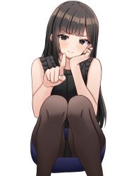 Rule 34 | 1girl, absurdres, bare arms, bare shoulders, black eyes, black panties, black shirt, blue skirt, blunt bangs, blush, brown hair, brown pantyhose, closed mouth, feet out of frame, hand on own cheek, hand on own face, highres, index finger raised, kano (wi3028), long hair, looking at viewer, miniskirt, original, panties, pantyhose, pantyshot, pencil skirt, shirt, simple background, skirt, sleeveless, sleeveless shirt, smile, solo, squatting, underwear, upskirt, v-shaped eyebrows, white background