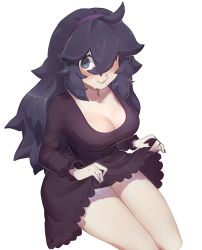 Rule 34 | 1girl, @ @, absurdres, ahoge, alternate breast size, black dress, black nails, blush, breasts, cleavage, clothes lift, commentary, creatures (company), dress, dress lift, english commentary, eyebrows hidden by hair, fingernails, game freak, hair between eyes, hairband, hex maniac (pokemon), highres, lifted by self, long hair, looking at viewer, medium breasts, messy hair, nail polish, nintendo, obychny, pokemon, pokemon xy, purple eyes, purple hair, purple hairband, simple background, skirt, skirt lift, solo, sweatdrop, thighs, wavy mouth, white background