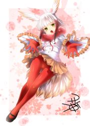 Rule 34 | 10s, 1girl, bird tail, blunt bangs, blush, brown skirt, drop shadow, feather-trimmed sleeves, foreshortening, full body, fur collar, gloves, head wings, japanese crested ibis (kemono friends), kemono friends, long sleeves, looking at viewer, mary janes, multicolored hair, open mouth, outstretched arms, pantyhose, pleated skirt, reaching, reaching towards viewer, red gloves, red hair, red pantyhose, shirt, shoes, sidelocks, silver hair, skirt, solo, tail, thigh gap, two-tone hair, white shirt, wings, yellow eyes, yua (checkmate)