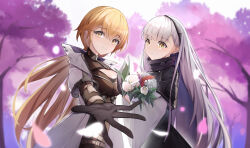 Rule 34 | 2girls, absurdres, ak-alfa (girls&#039; frontline), black gloves, black hairband, blonde hair, bouquet, breasts, cherry blossoms, cleavage, coat, flower, girls&#039; frontline, girls&#039; frontline 2: exilium, gloves, hairband, highres, holding, holding bouquet, long hair, looking at viewer, medium breasts, multiple girls, open clothes, open coat, ots-14 (girls&#039; frontline), reaching, reaching towards viewer, smile, tree, upper body, wan3051, white coat, white hair, yellow eyes