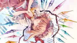 Rule 34 | 1girl, album cover, ascot, blonde hair, closed eyes, closed mouth, cover, crystal, facing viewer, flandre scarlet, frilled shirt collar, frills, hat, hat ribbon, highres, hirai yuzuki, interlocked fingers, mob cap, musical note, own hands clasped, own hands together, piano keys, puffy short sleeves, puffy sleeves, red ribbon, red skirt, red vest, ribbon, shirt, short hair, short sleeves, skirt, skirt set, smile, solo, sparkle, touhou, upper body, upside-down, vest, white shirt, wings, yellow ascot