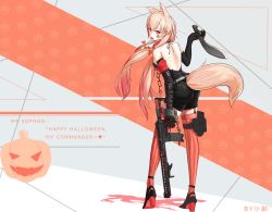Rule 34 | 1girl, absurdres, alternate costume, alternate hairstyle, animal ears, arm strap, armband, artist name, assault rifle, backless outfit, bare shoulders, belt, black footwear, black gloves, black shorts, buckle, chain, collar, cuffs, elbow gloves, facepaint, floating hair, fox ears, fox tail, from behind, full body, girls&#039; frontline, gloves, gun, hair between eyes, halloween costume, high heels, highres, holding, holding gun, holding weapon, knife, kukri, leotard, long hair, looking at viewer, low twintails, m4 carbine, m4 sopmod ii (girls&#039; frontline), multicolored hair, open mouth, pink hair, prosthesis, prosthetic arm, pumpkin, red eyes, red hair, red leotard, rifle, safety pin, shackles, short shorts, shorts, sidelocks, solo, streaked hair, striped clothes, striped thighhighs, tail, thigh strap, thighhighs, twintails, weapon, white-smile, wrist cuffs